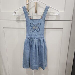 Girls Denim Pinafore Dress With Butterfly Embroidery & Floral Straps - Size 4-5Y